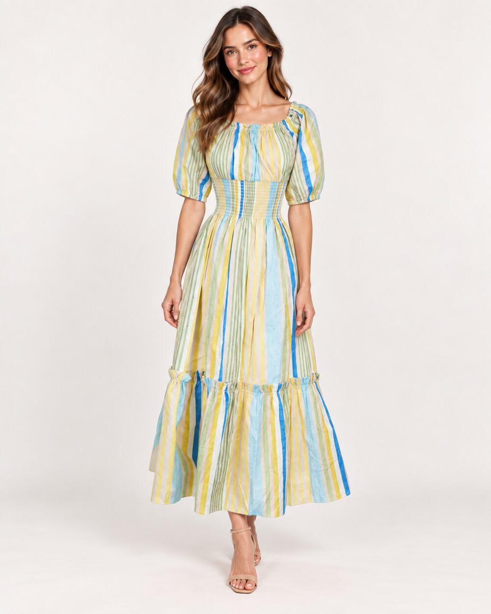 NEW CARA CARA Midi Dress XS Cotton Stripe Wide Waist Smocked Puff Sleeve Tiered